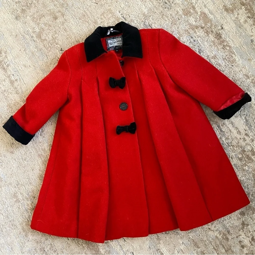 Rothschild Vintage Classic Red Christmas Coat Black Velvet Trim and Bows Accents